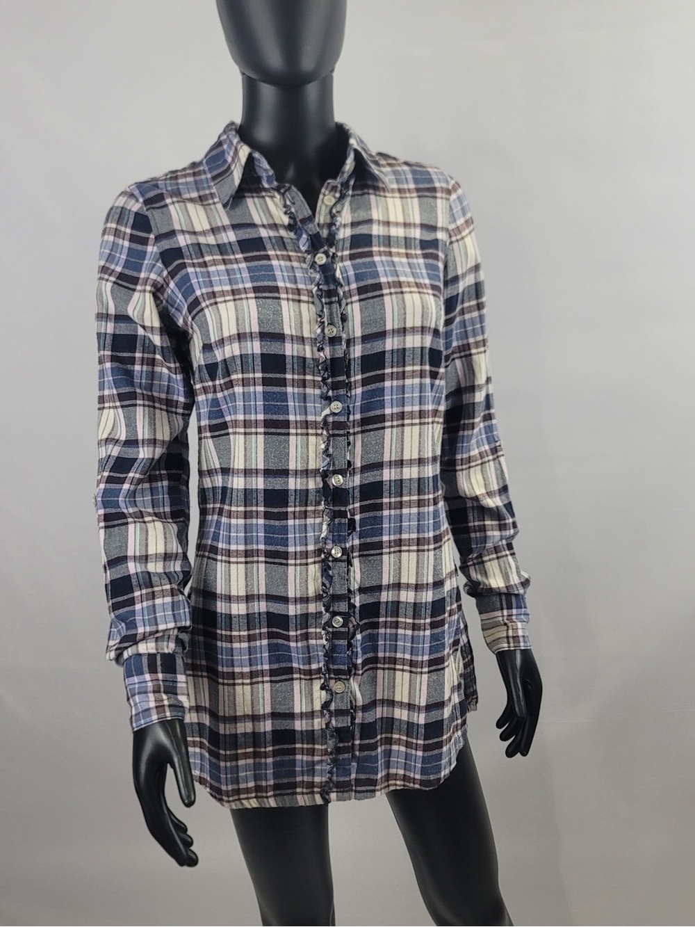 Size Small ‘girl krazy’ Plaid Long Sleeve Button-Up Shirt - Navy & White